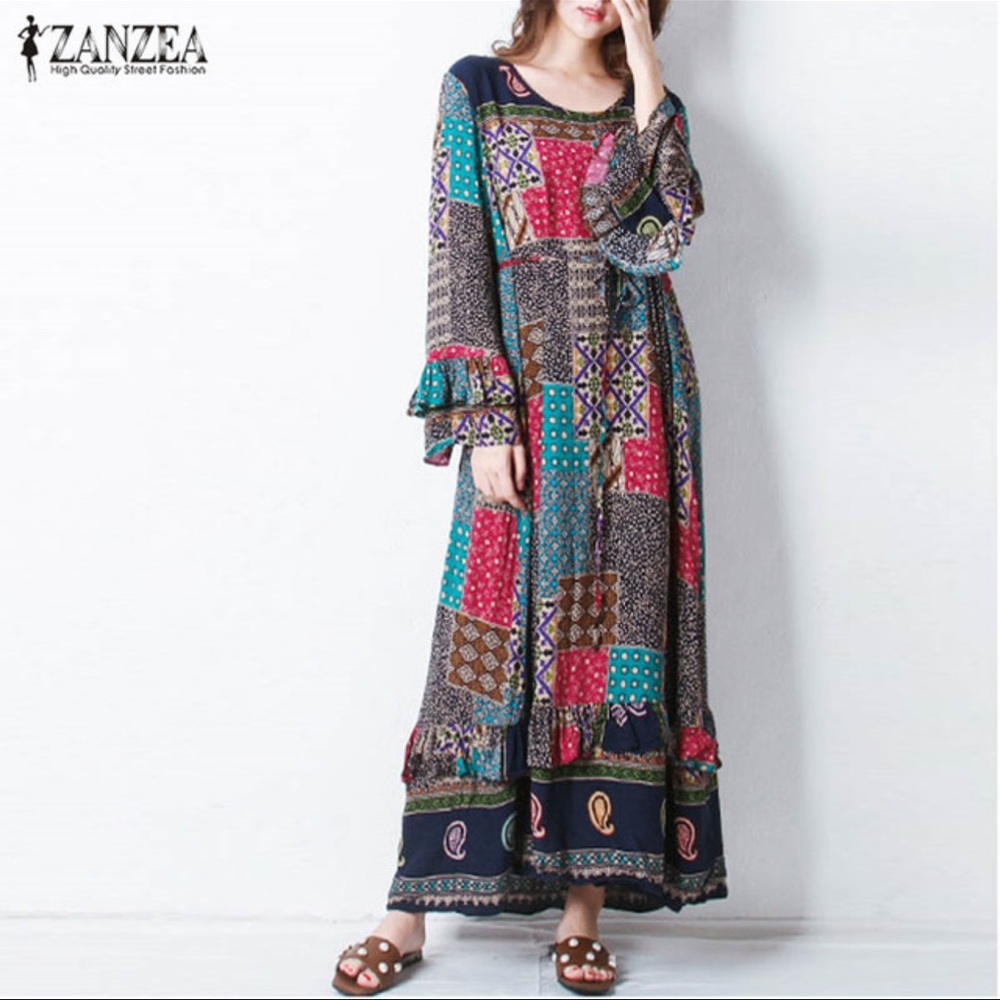NWOT ZANZEA Women Ruffled Sleeve O-Neck Loose Casual Floral Dress